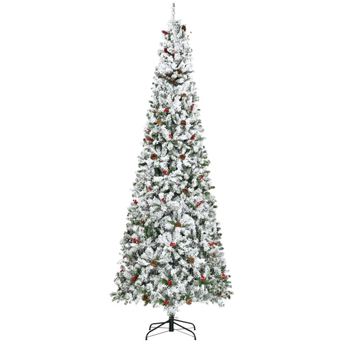 9-Foot Pencil Snow Flocked Artificial Christmas Tree, 1350 Pine Branches, Pine Cones, Red Berries, Auto Open, Green