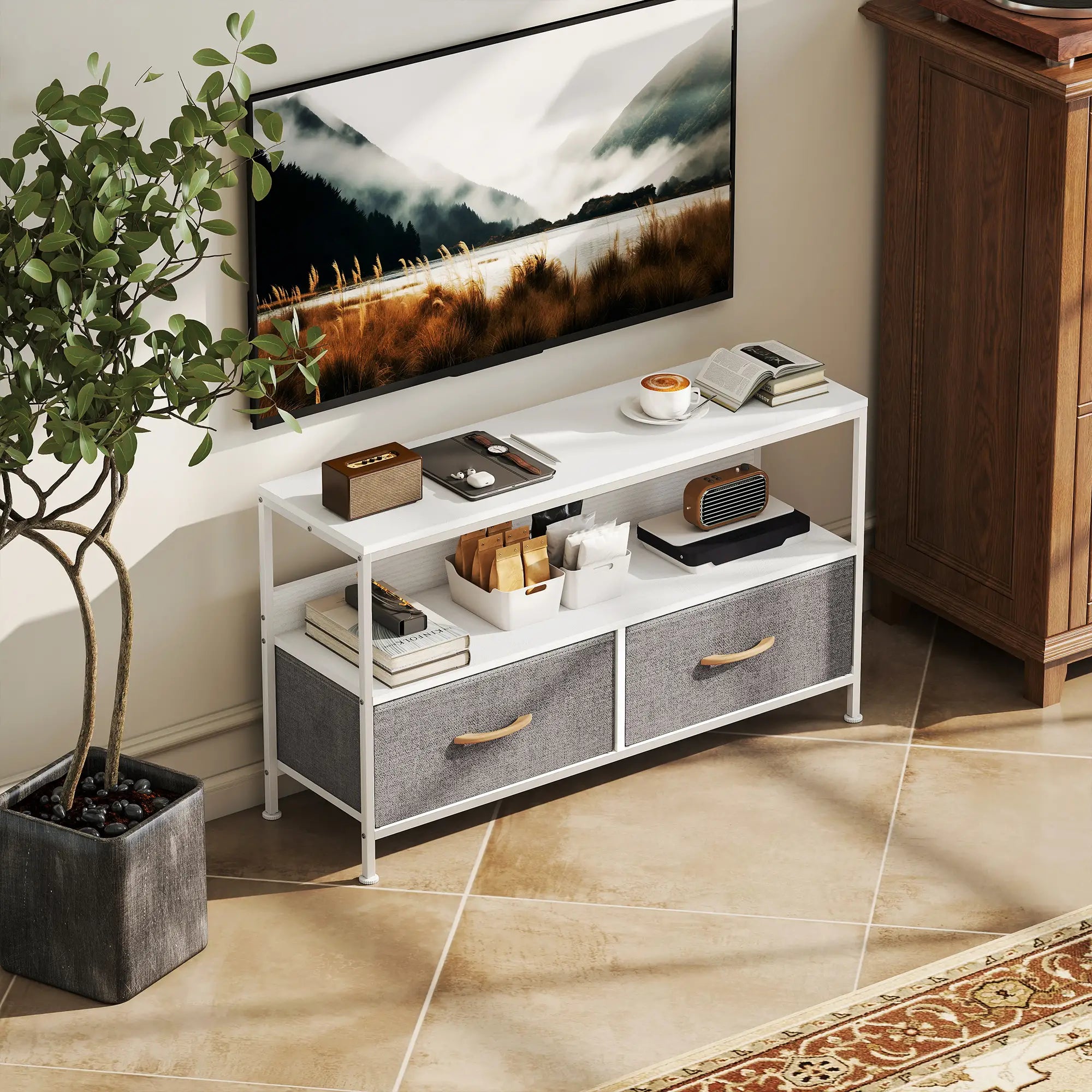 TV Stand with Charging Station, 2 Foldable Drawers, Open Shelf, 47 Inch, White TV Stands at Gallery Canada