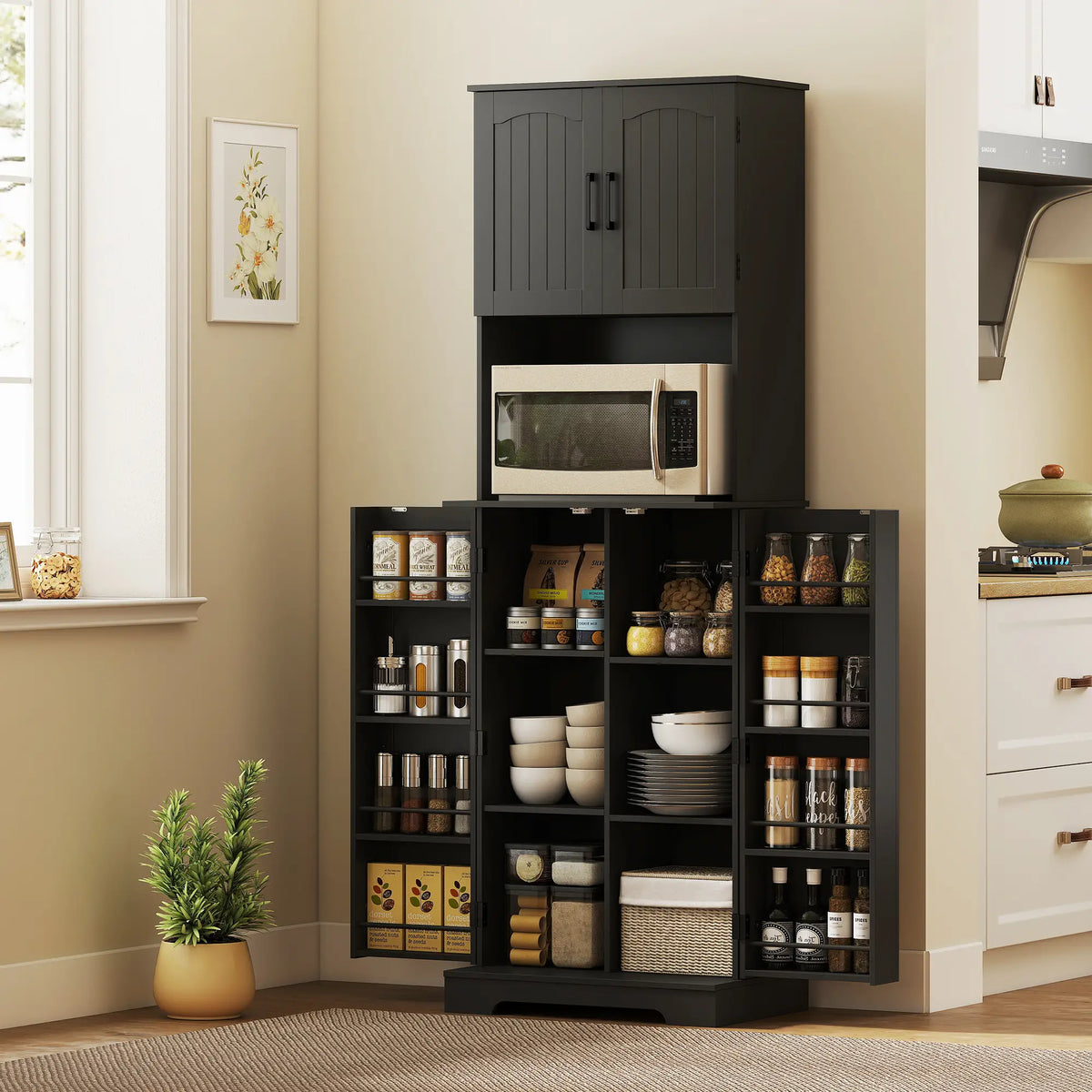71.5" Tall Pantry Cabinet, Farmhouse Kitchen Storage, Adjustable Shelves, Black Kitchen Pantry Cabinets at Gallery Canada
