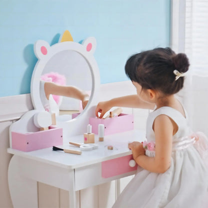 Kids Makeup Vanity Set with Stool, Mirror, Drawer, Unicorn Design, White Toy Vanity at Gallery Canada