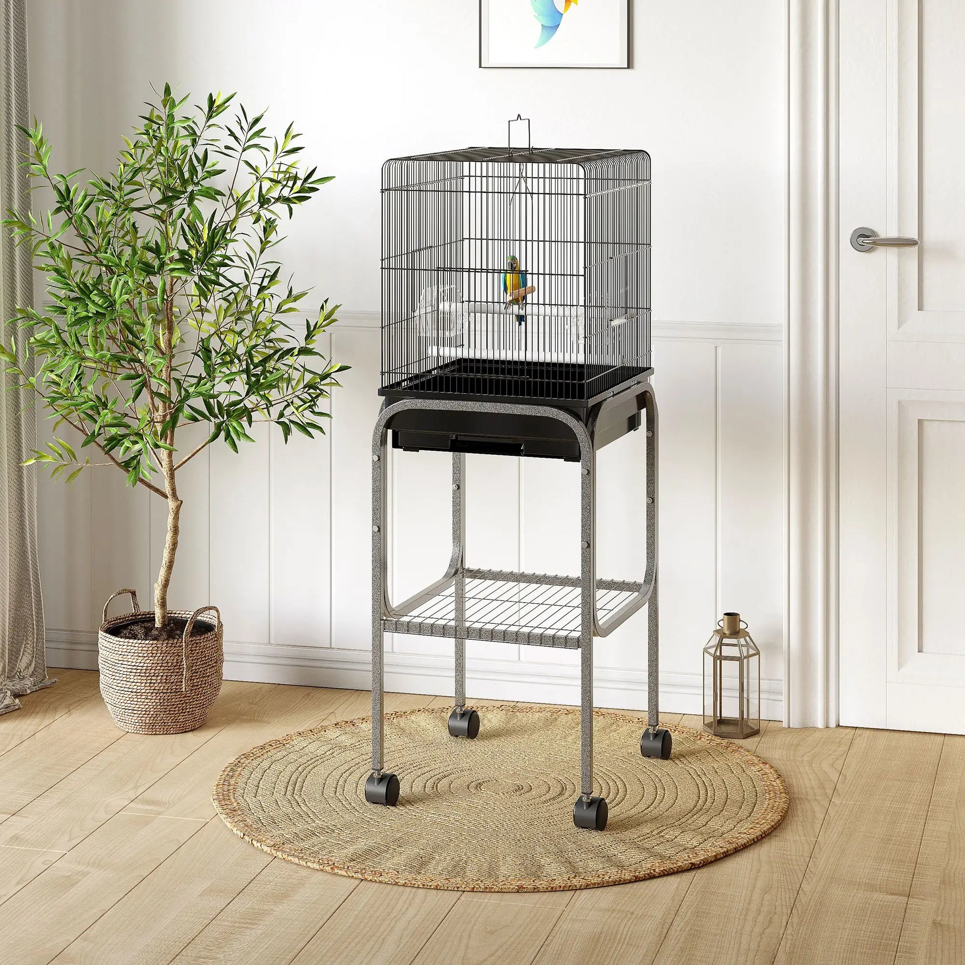 44.5"H Metal Bird Cage, Parrot Play Stand, Wheel, Storage Shelf, Black Bird Cages at Gallery Canada