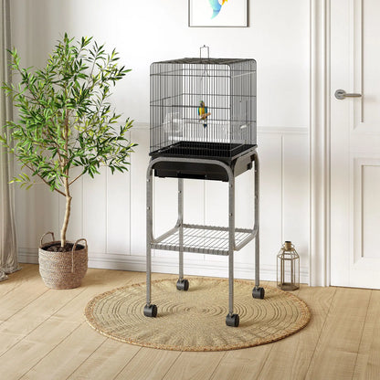 44.5"H Metal Bird Cage, Parrot Play Stand, Wheel, Storage Shelf, Black Bird Cages at Gallery Canada
