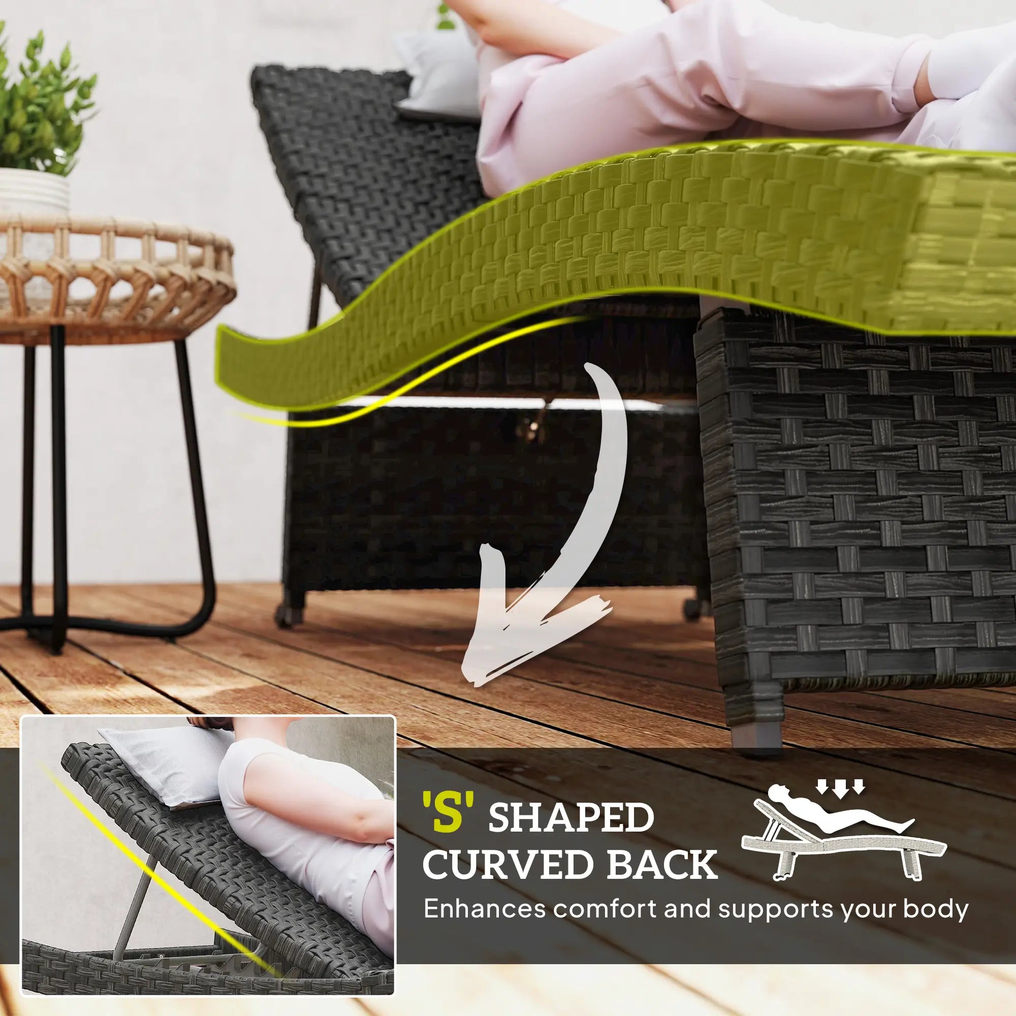 Folding Wicker Outdoor Chaise Lounge, 4-Level Adjustable Backrest, Black Wicker Chaise Loungers at Gallery Canada