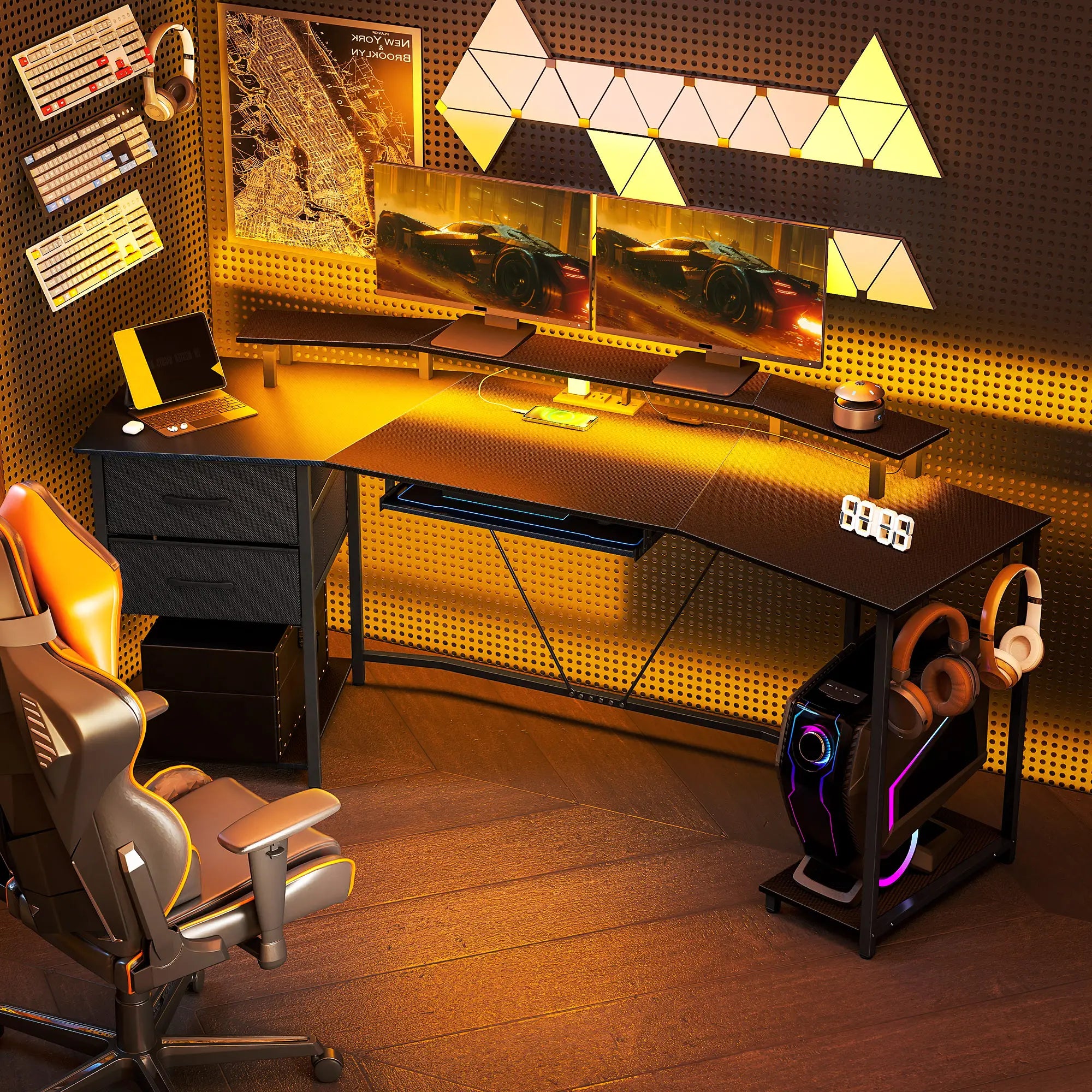 79 Inch Gaming Desk With RGB Lights, Power Outlets, USB Ports, Keyboard Tray, 2 Drawers, Black Gaming Desks at Gallery Canada