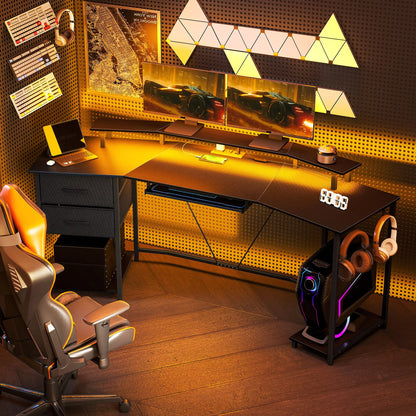 79 Inch Gaming Desk With RGB Lights, Power Outlets, USB Ports, Keyboard Tray, 2 Drawers, Black Gaming Desks at Gallery Canada