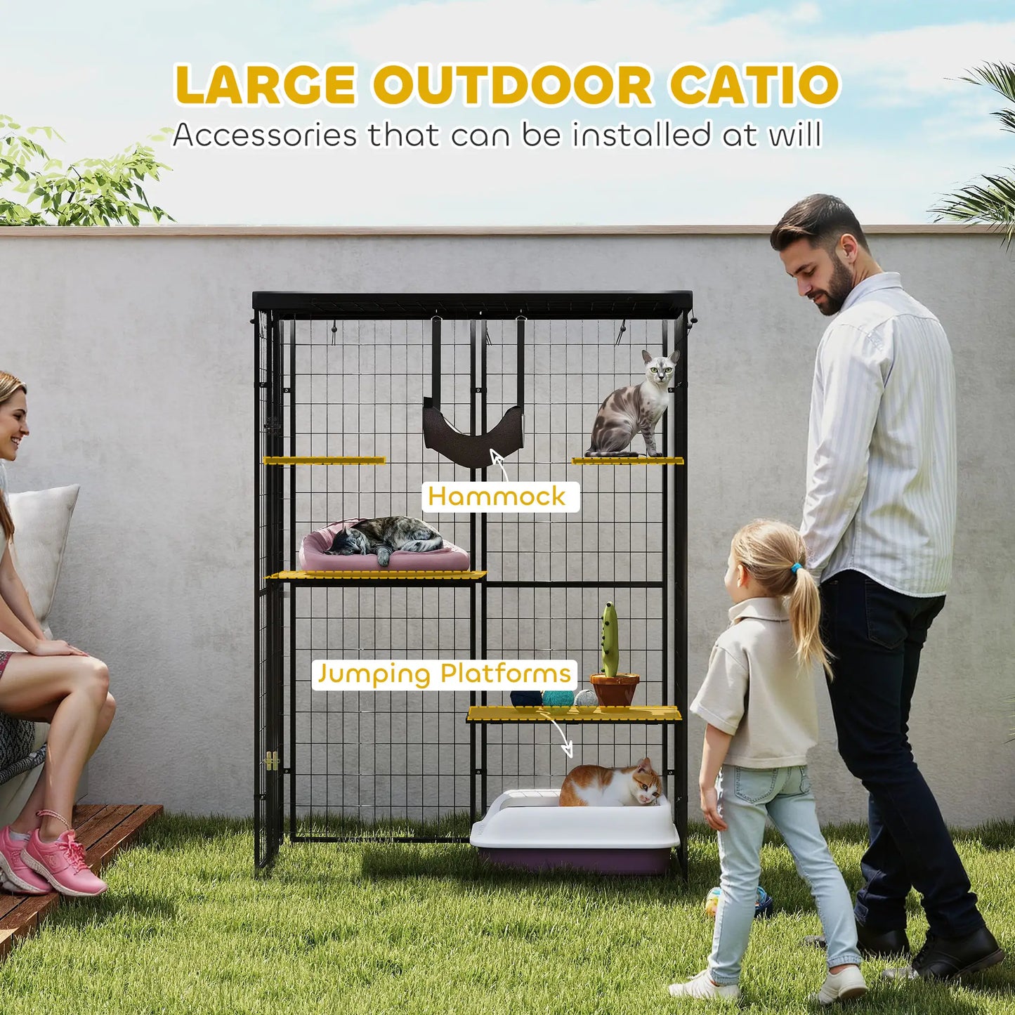 Metal Cat Cage, Waterproof Cover, 4 Platforms, Hammock, 46.5" x 22" x 62", Black Outdoor Cat Enclosures at Gallery Canada