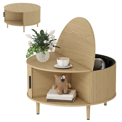 31.5" Round Coffee Table, Storage, Sliding Door, Natural Coffee Tables at Gallery Canada