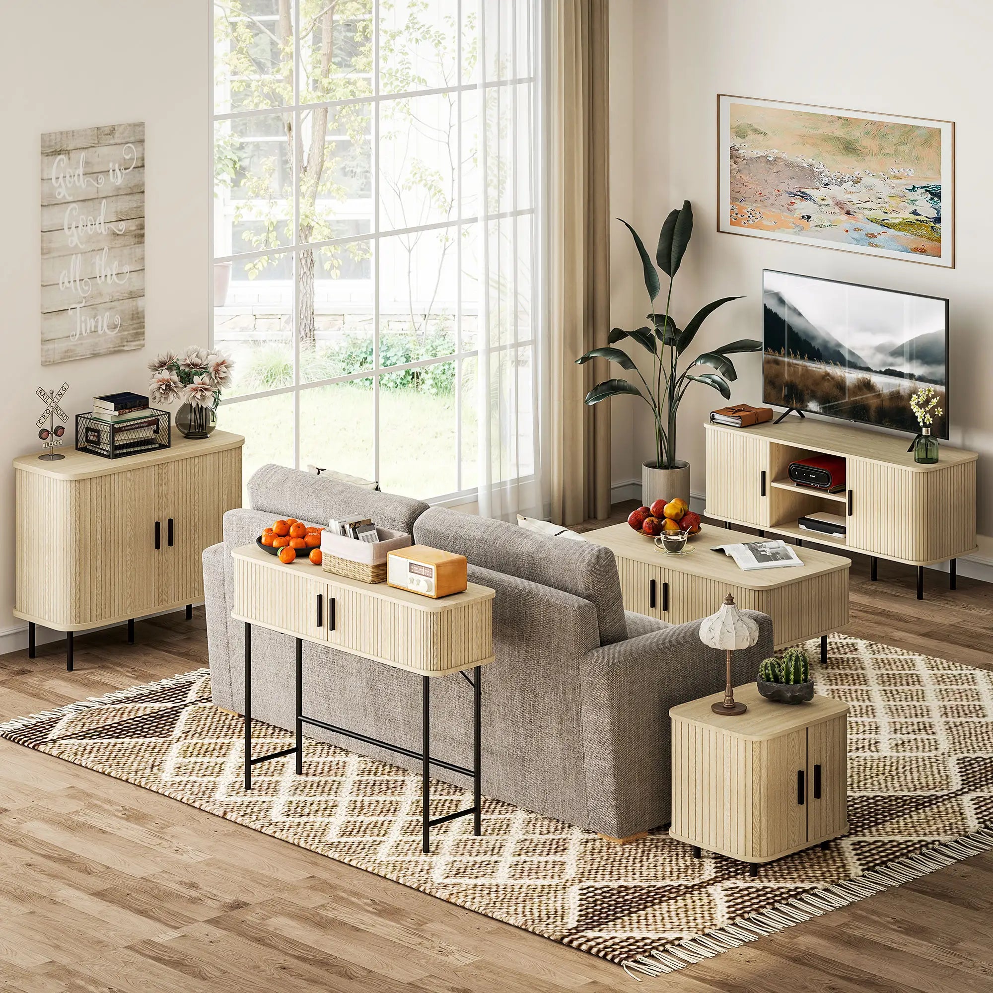 Mid-Century Narrow Console Table, Slatted Tambour Doors, Steel Legs, Oak, Black Console Tables at Gallery Canada