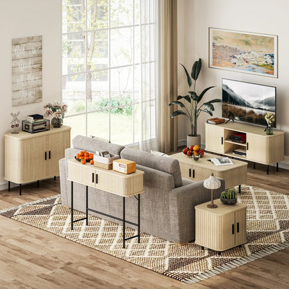 Mid-Century Narrow Console Table, Slatted Tambour Doors, Steel Legs, Oak, Black Console Tables at Gallery Canada