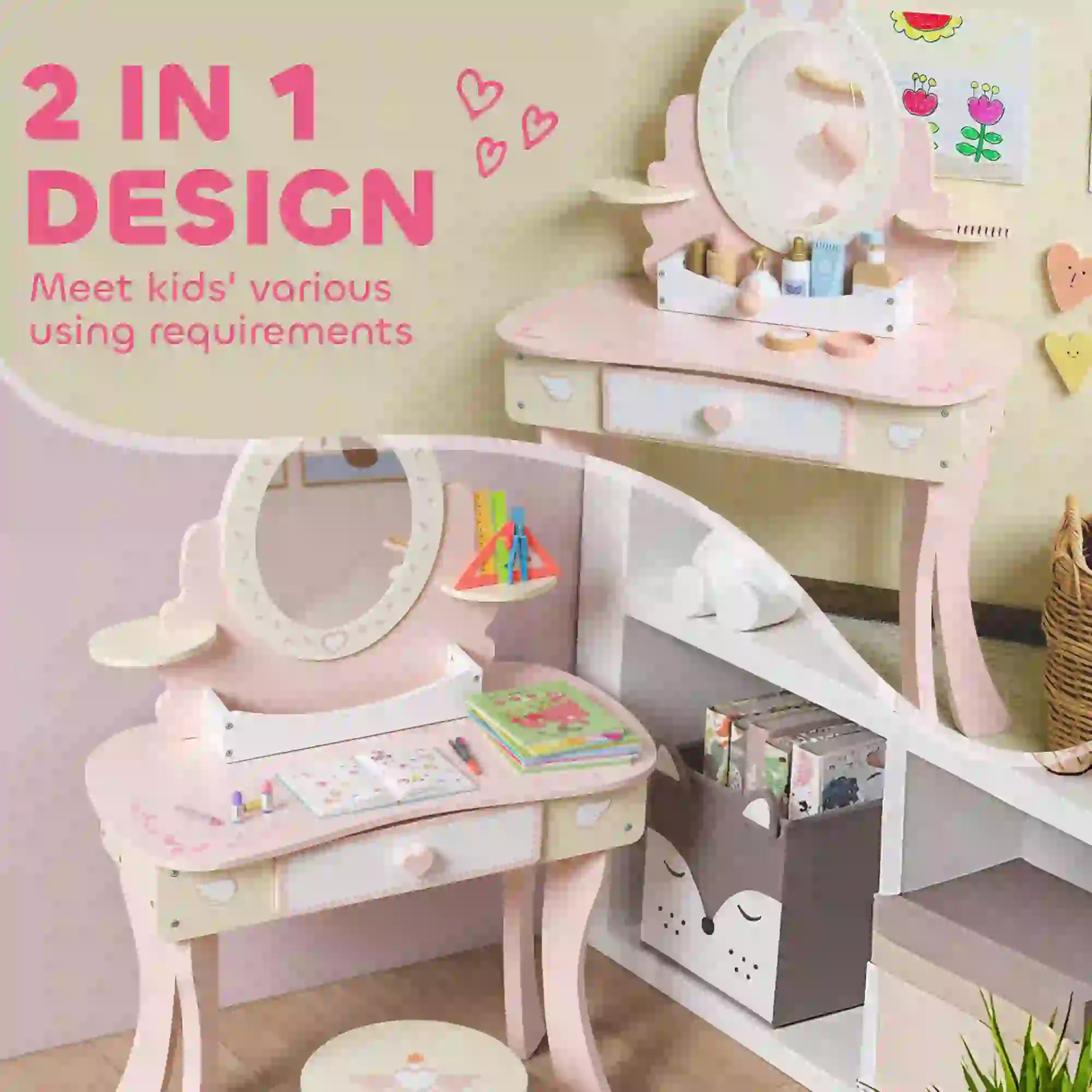 Kids Vanity Set with Mirror, Stool, 7 Accessories, Pink Toy Vanity at Gallery Canada