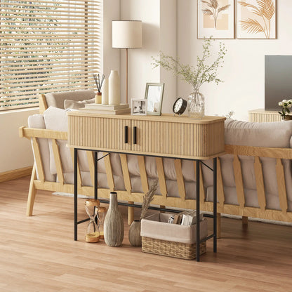 Mid-Century Narrow Console Table, Slatted Tambour Doors, Steel Legs, Oak, Black Console Tables at Gallery Canada