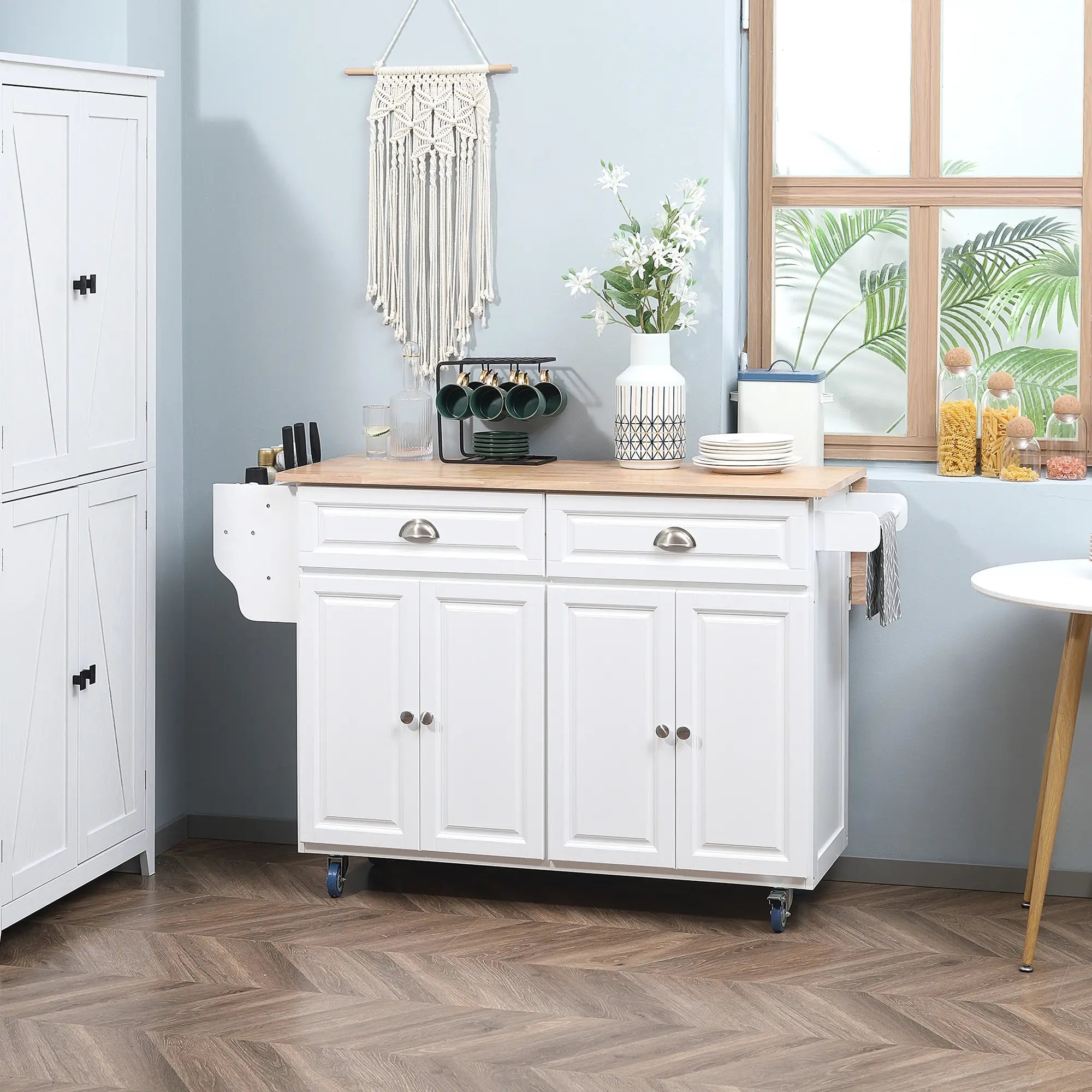 Kitchen Island with Storage, Drop Leaf, Rubber Wood Top, Adjustable Shelves, White Kitchen Islands & Kitchen Carts at Gallery Canada
