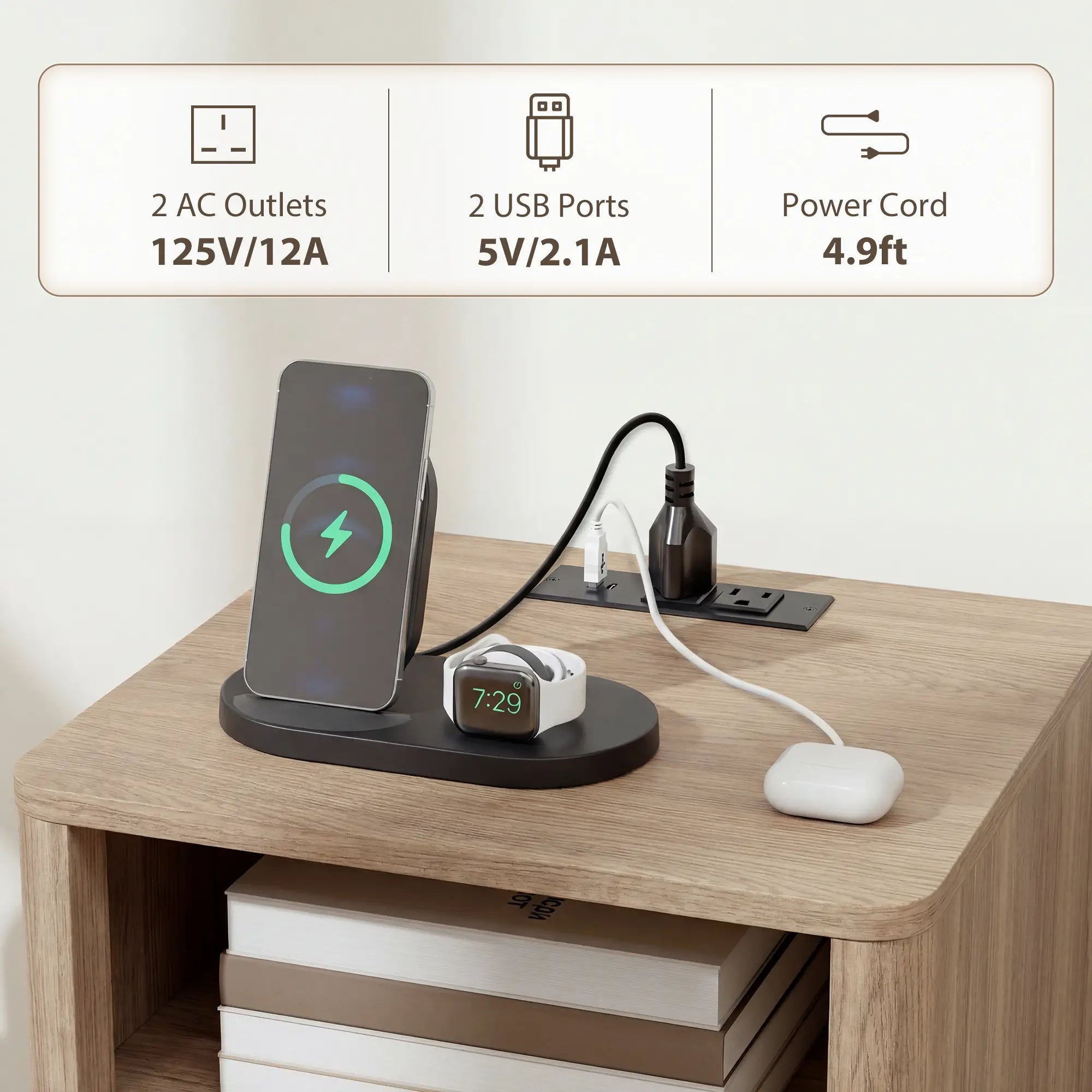 Modern Nightstands Set of 2, Charging Station, 2 Drawers, Open Shelf, Grey Bedside Tables at Gallery Canada