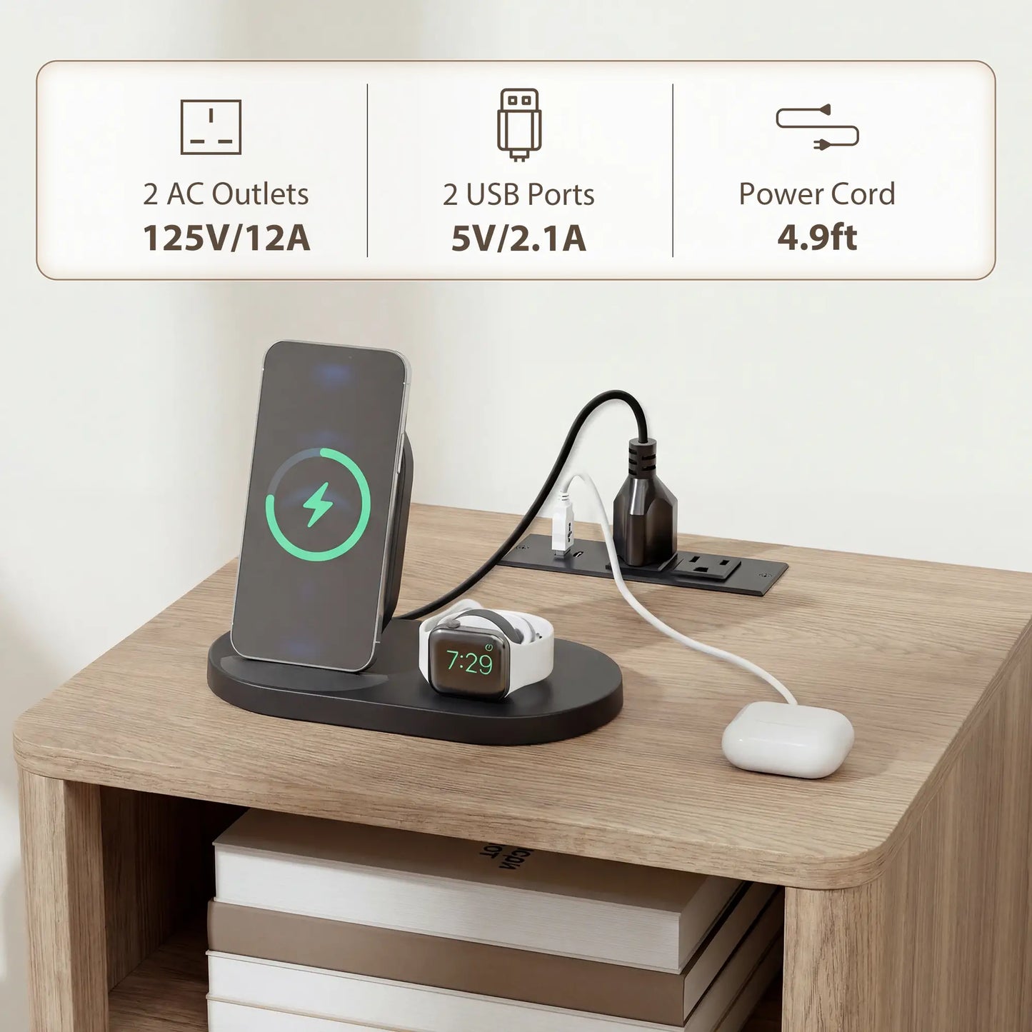 Modern Nightstands Set of 2, Charging Station, 2 Drawers, Open Shelf, Grey Bedside Tables at Gallery Canada