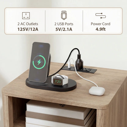 Modern Nightstands Set of 2, Charging Station, 2 Drawers, Open Shelf, Grey Bedside Tables at Gallery Canada