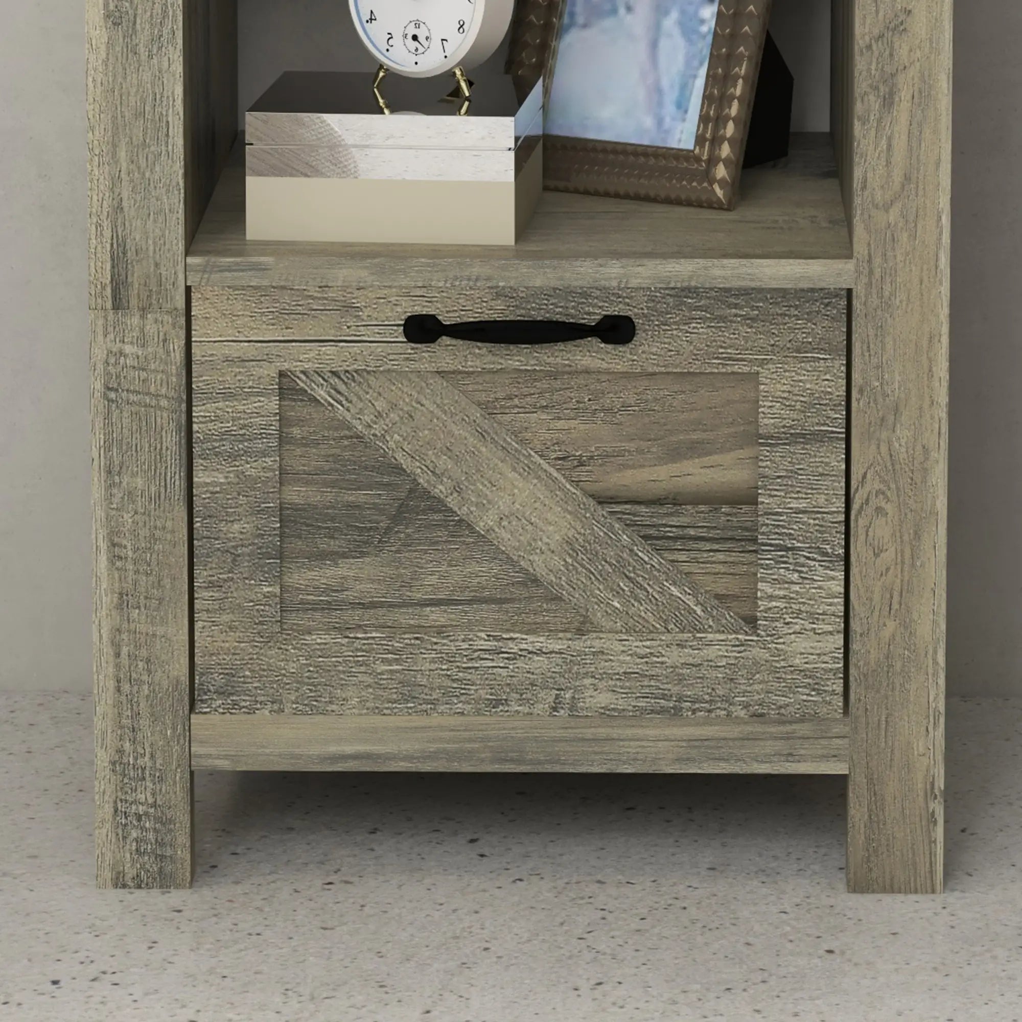 Farmhouse Side Table with Storage, Drawer, Open Shelf, Grey Side Tables at Gallery Canada