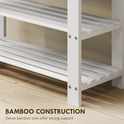 Bamboo Shoe Storage Bench, 3-Tier, 2 Shelves, Holds 6 Pairs, White