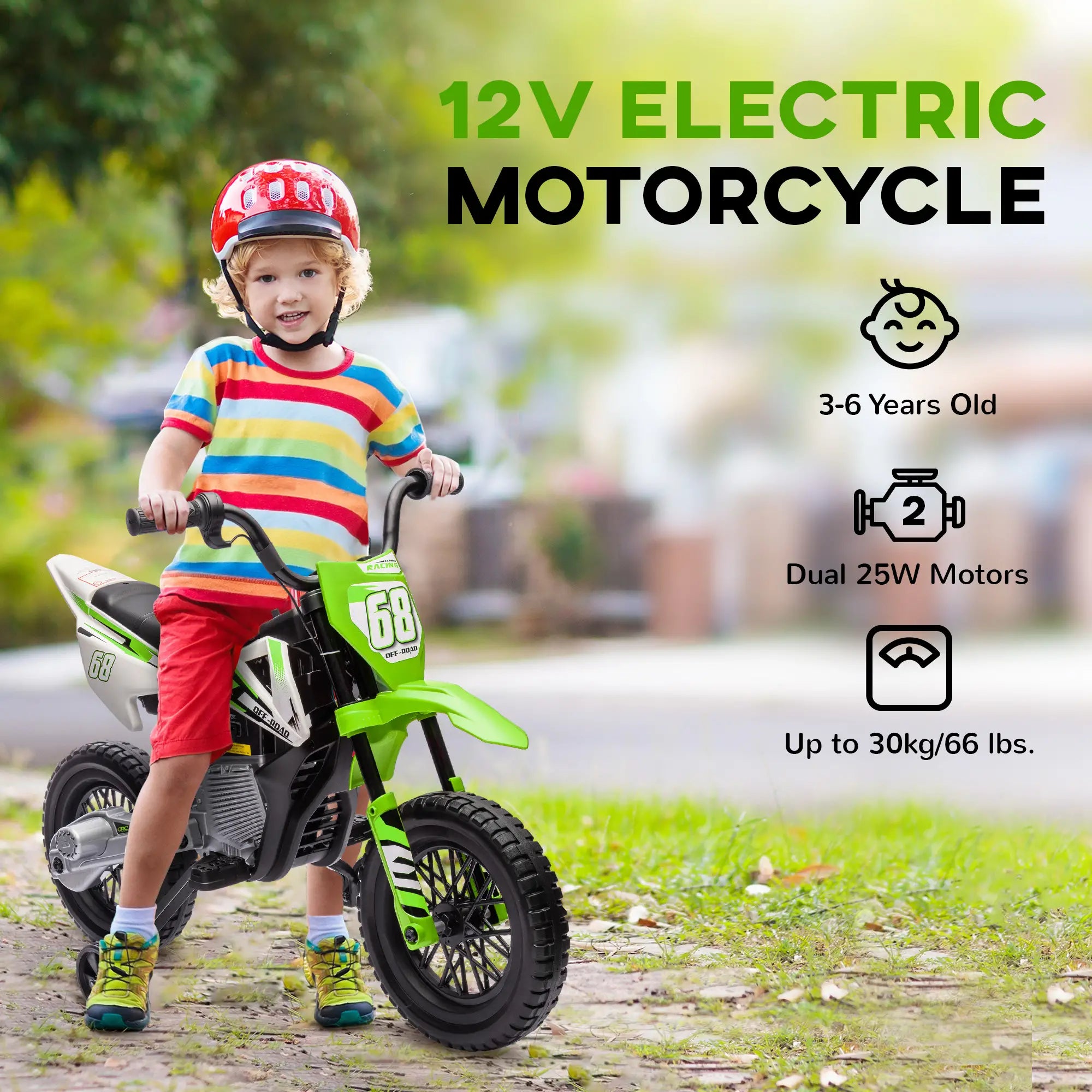 12V Kids Dirt Bike, Electric Motorcycle, Training Wheels, Green Electric Motorcycles at Gallery Canada