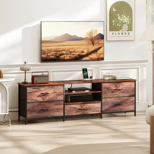 TV Stand For 70 Inch TVs, Industrial Console With Charging Station, 5 Drawers, Rustic Brown