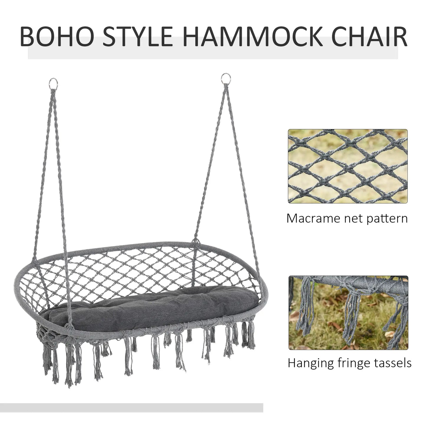 Patio Hammock Chair 2 Seat, Hanging Rope Hammock Swing Chair with Metal Frame and Cushion, Large Macrame Seat for Indoor and Outdoor 396 lbs Capacity, Dark Grey Hammock Swings at Gallery Canada
