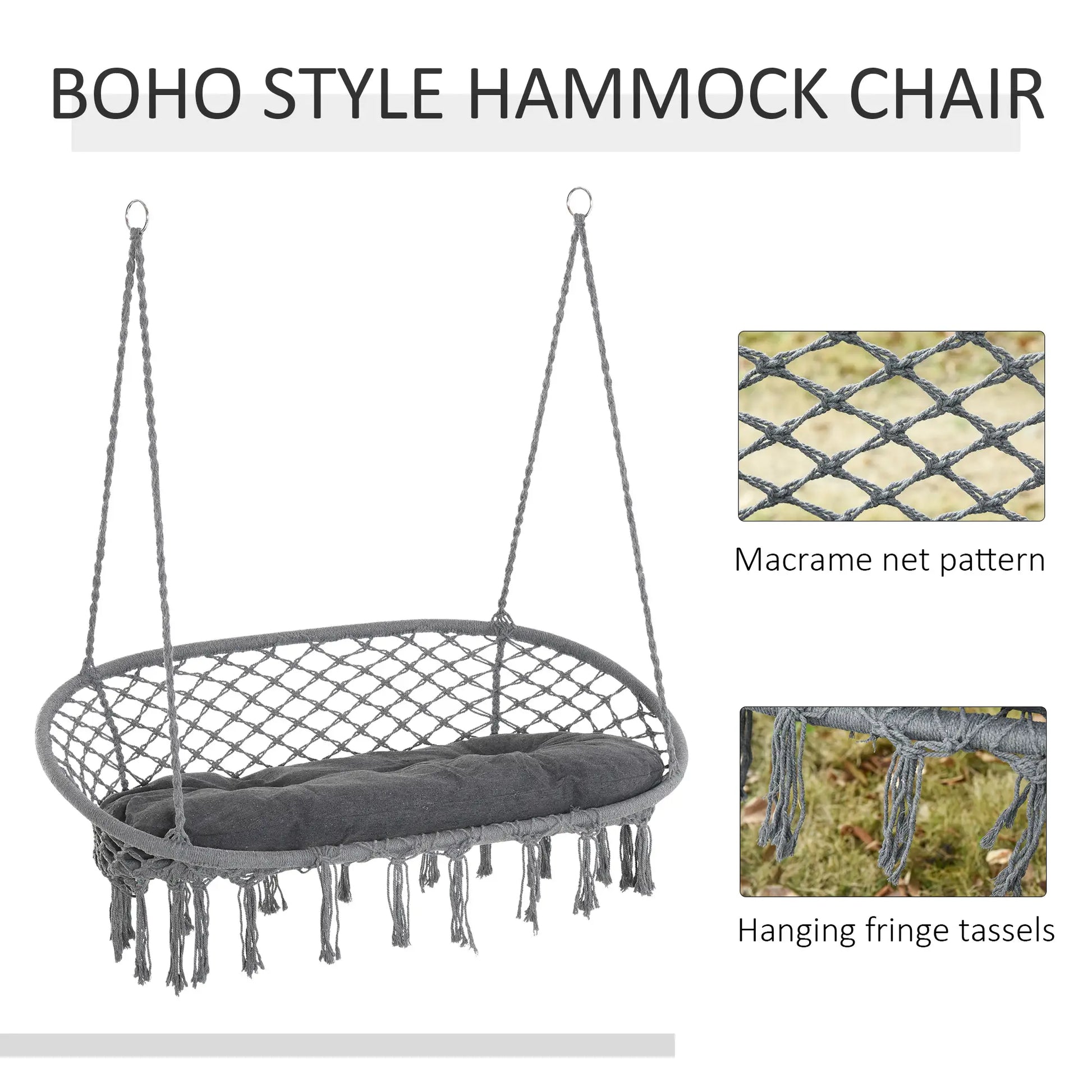 Patio Hammock Chair 2 Seat, Hanging Rope Hammock Swing Chair with Metal Frame and Cushion, Large Macrame Seat for Indoor and Outdoor 396 lbs Capacity, Dark Grey Hammock Swings at Gallery Canada