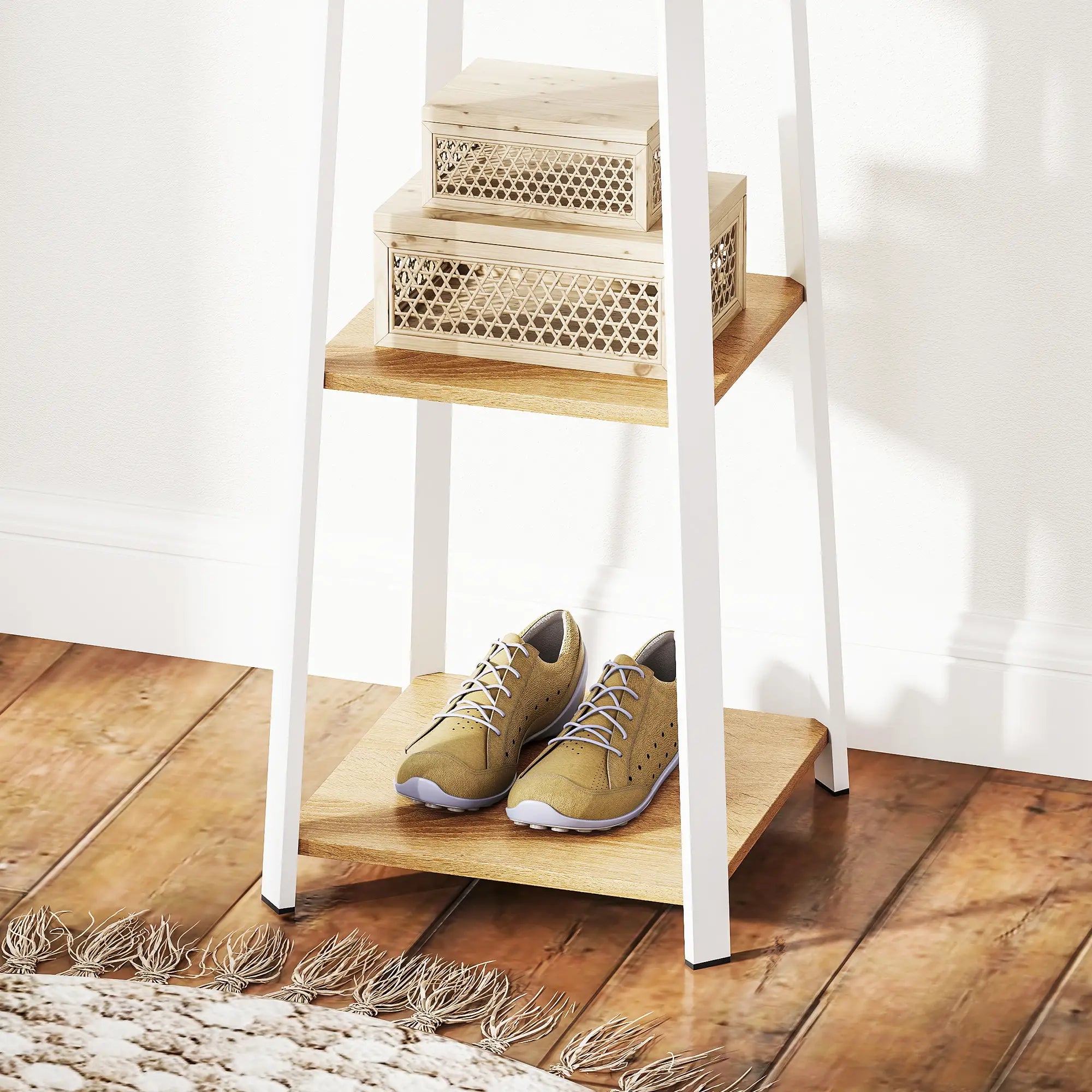 Clothes Rack with Storage, 8 Hooks, 3-Tier Shelf, Oak Clothing Storage at Gallery Canada