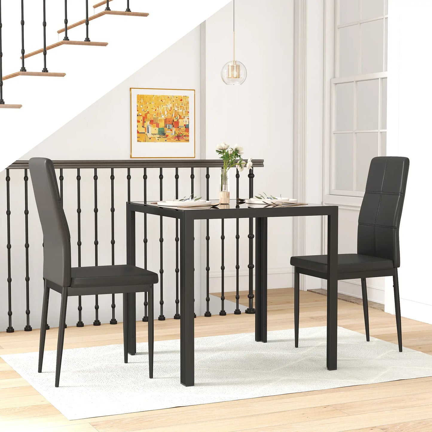 3-Piece Rectangular Glass Dining Table, Metal Frame, Faux Leather Chairs, Black Bar Sets at Gallery Canada