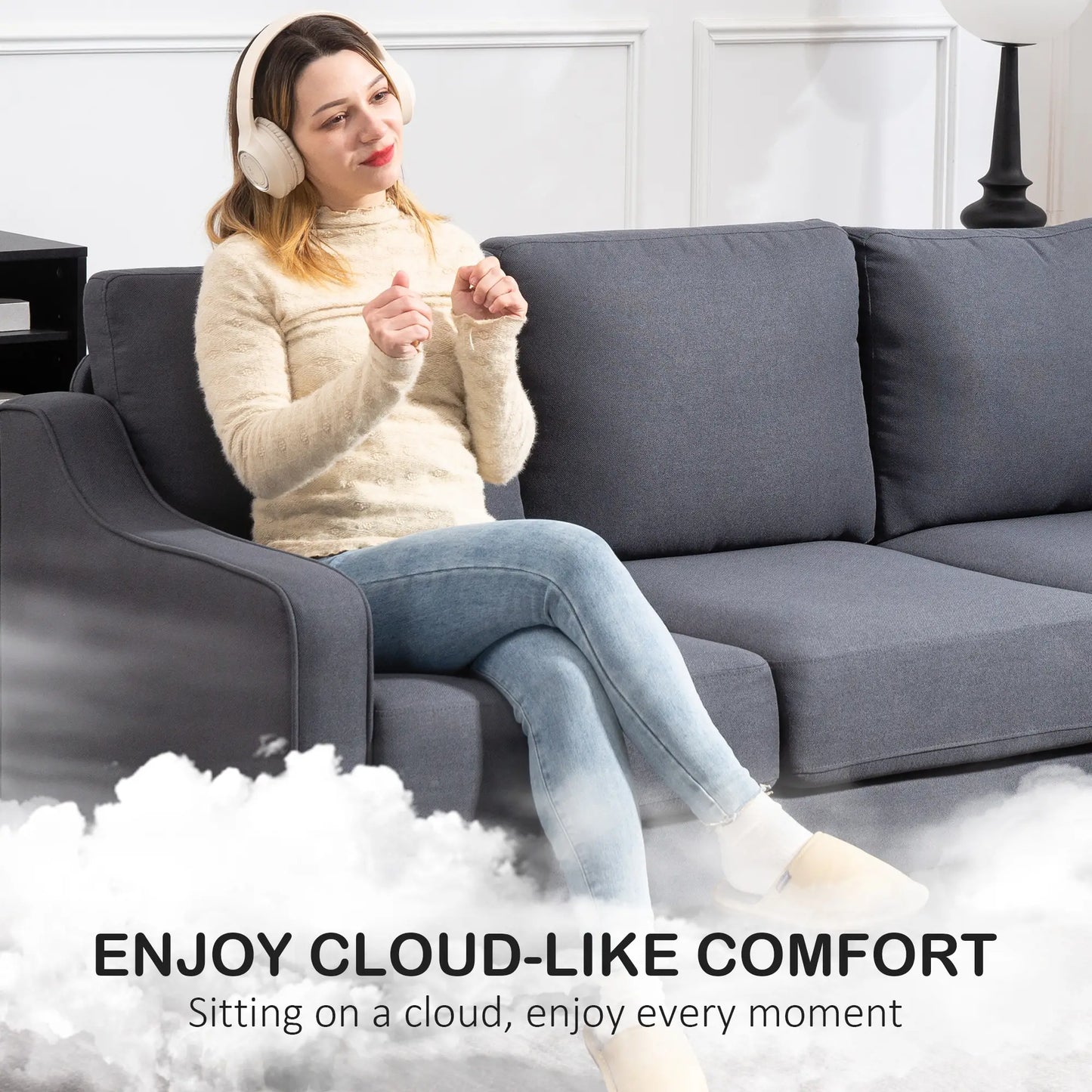 3 Seater Sofa, Modern Pocket Spring Couch, Linen Upholstered, Charcoal Grey 3-Seater Sofas at Gallery Canada