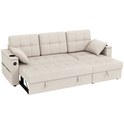 Convertible Sectional Sofa Bed, Pull Out Sleeper With USB‑A+C, Chaise Storage, L-Shaped Futon, Beige Sofas & Reclining Chairs Beige at Gallery Canada