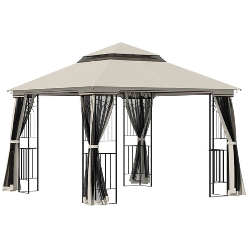 10'x10' Soft-Top Gazebo, Double Tier Roof, Mesh Curtains, Beige