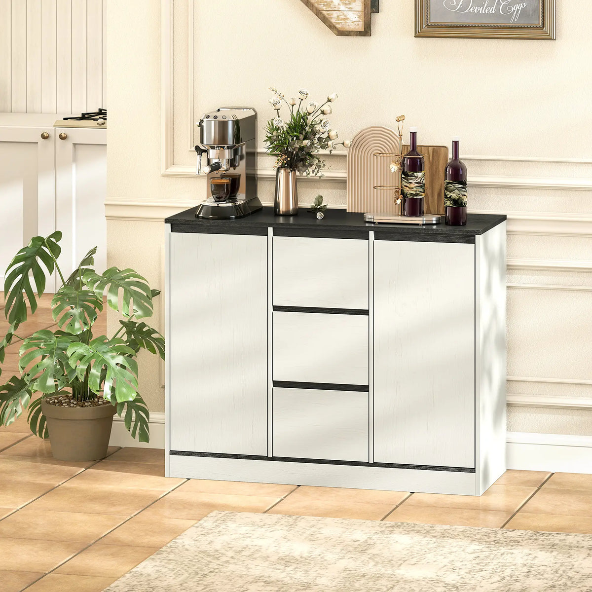 Buffet Cabinet, Soft Close Hinges, 3 Drawers, 2 Shelves, White Wood Grain
