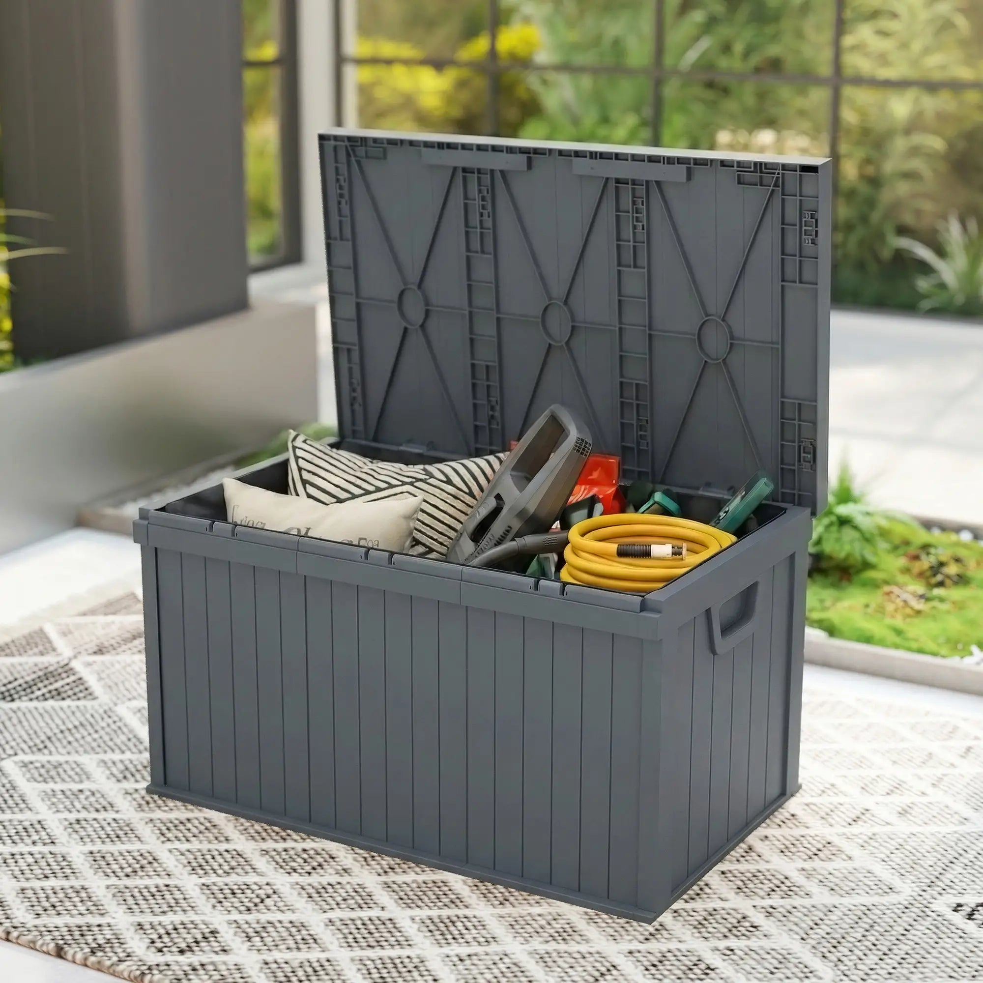 70 Gallon Deck Box, Resin Outdoor Storage Container, Dark Grey Patio Storage Boxes at Gallery Canada