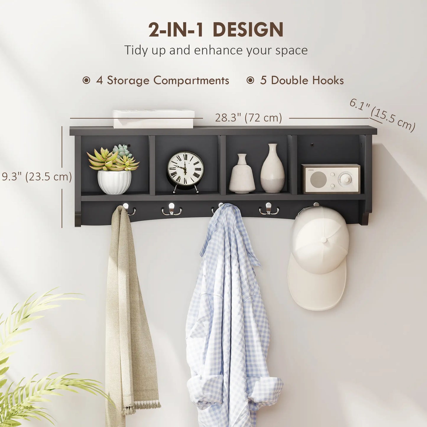 Wall Mount Coat Rack with Shelf, 28", 5 Hooks, 4 Compartments, Black