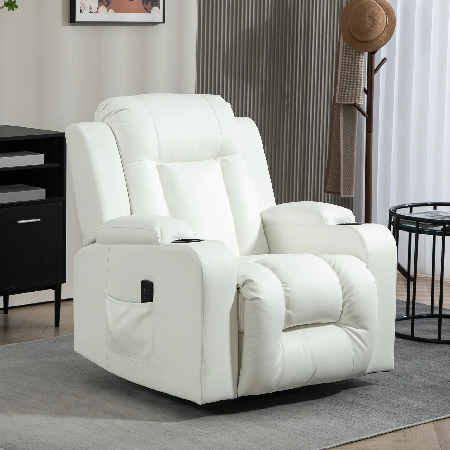 Swivel Massage Recliner Chair, Manual Rocker, PU Leather, Cream White Single Sofas at Gallery Canada