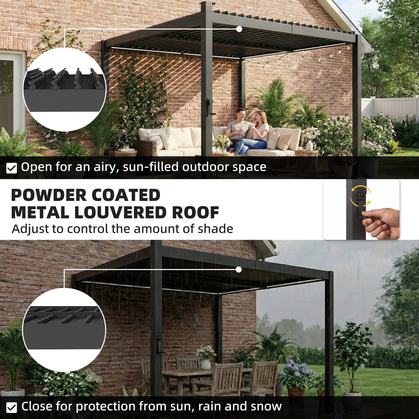 10 x 10 ft Louvered Pergola with Solar LED lights, Metal Roof, Outdoor Pergola Gazebo with Drainage Gutters, Black Pergolas at Gallery Canada