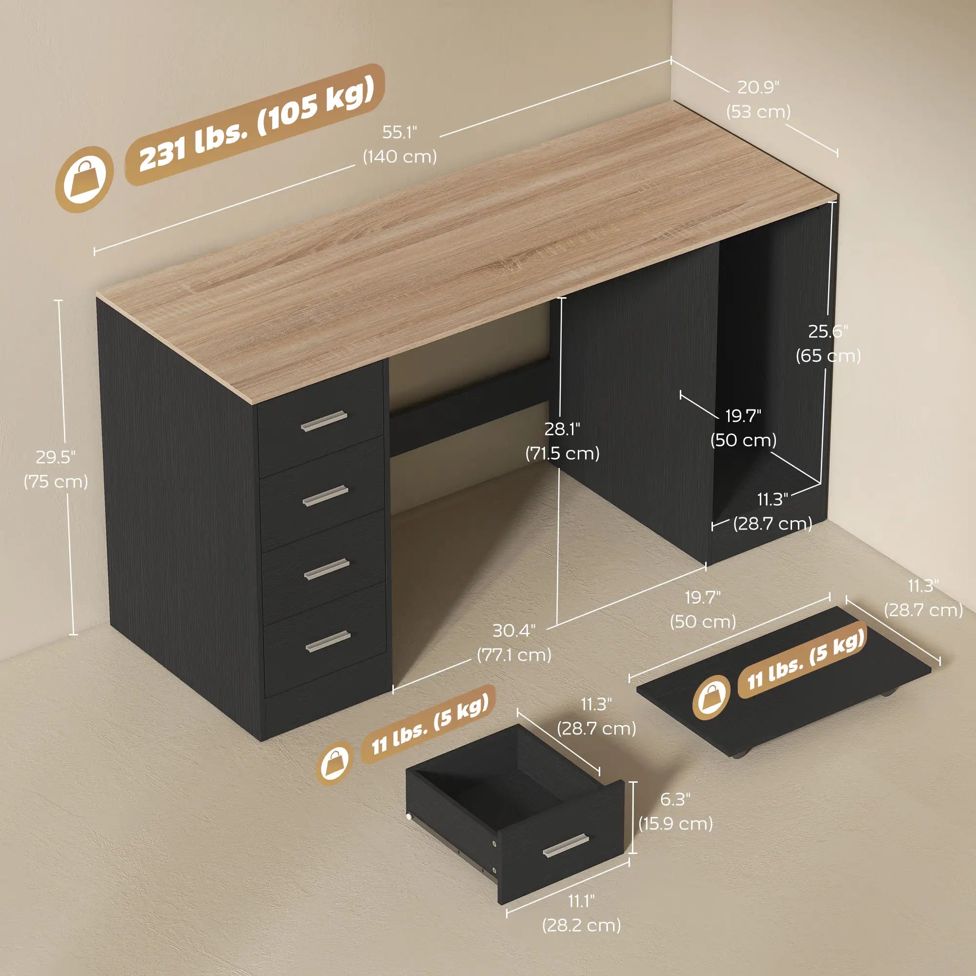 55 Inch Office Desk, Black Wood Grain, 4 Reversible Drawers, Mobile PC Stand, Black Computer Desks at Gallery Canada