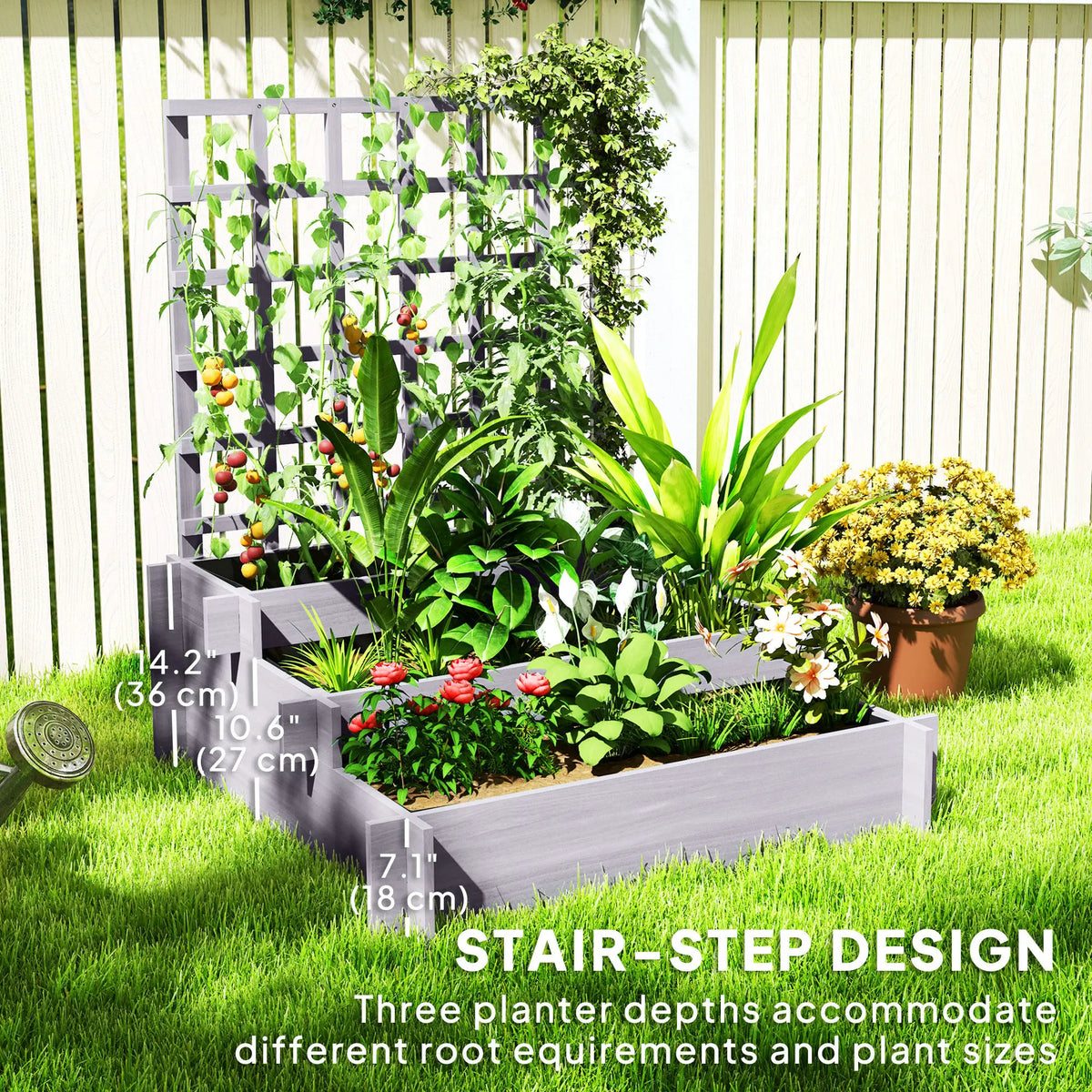 Wooden Elevated Planter Box with Trellis, 3 Tier Raised Garden Bed, Grey Raised Garden Beds at Gallery Canada