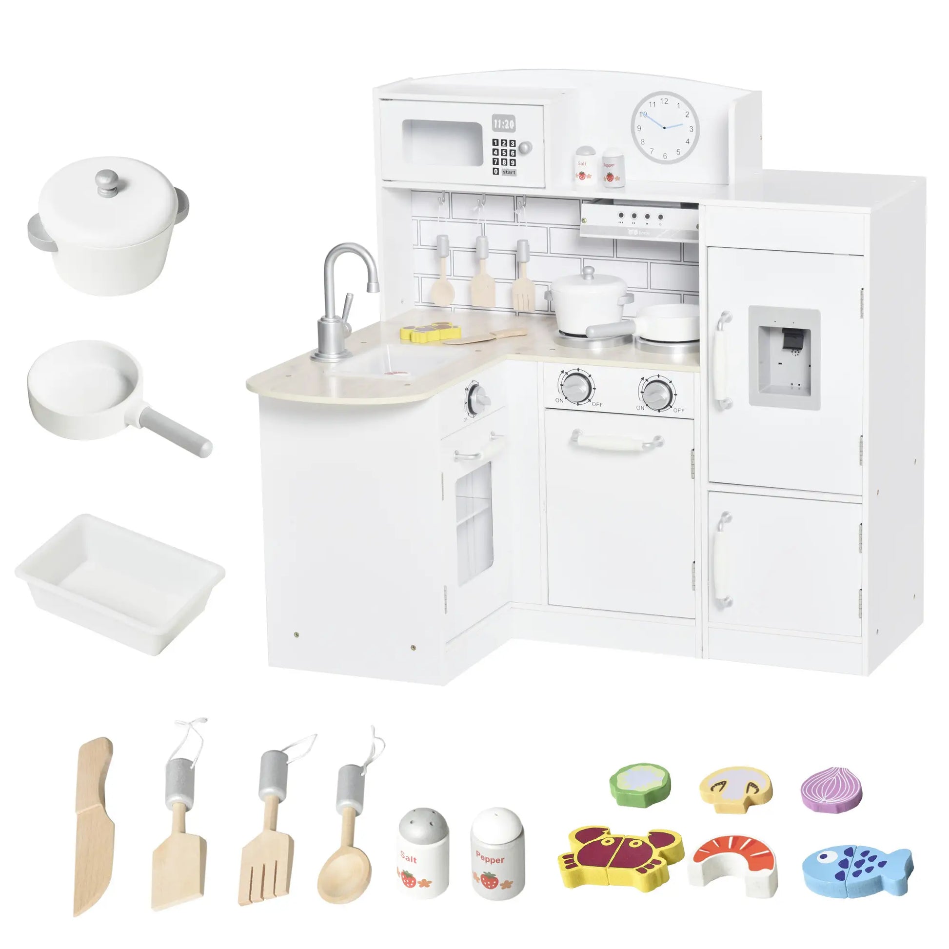 Kids Kitchen Play Set, Drinking Fountain, Microwave, White Play Kitchen White, Silver at Gallery Canada
