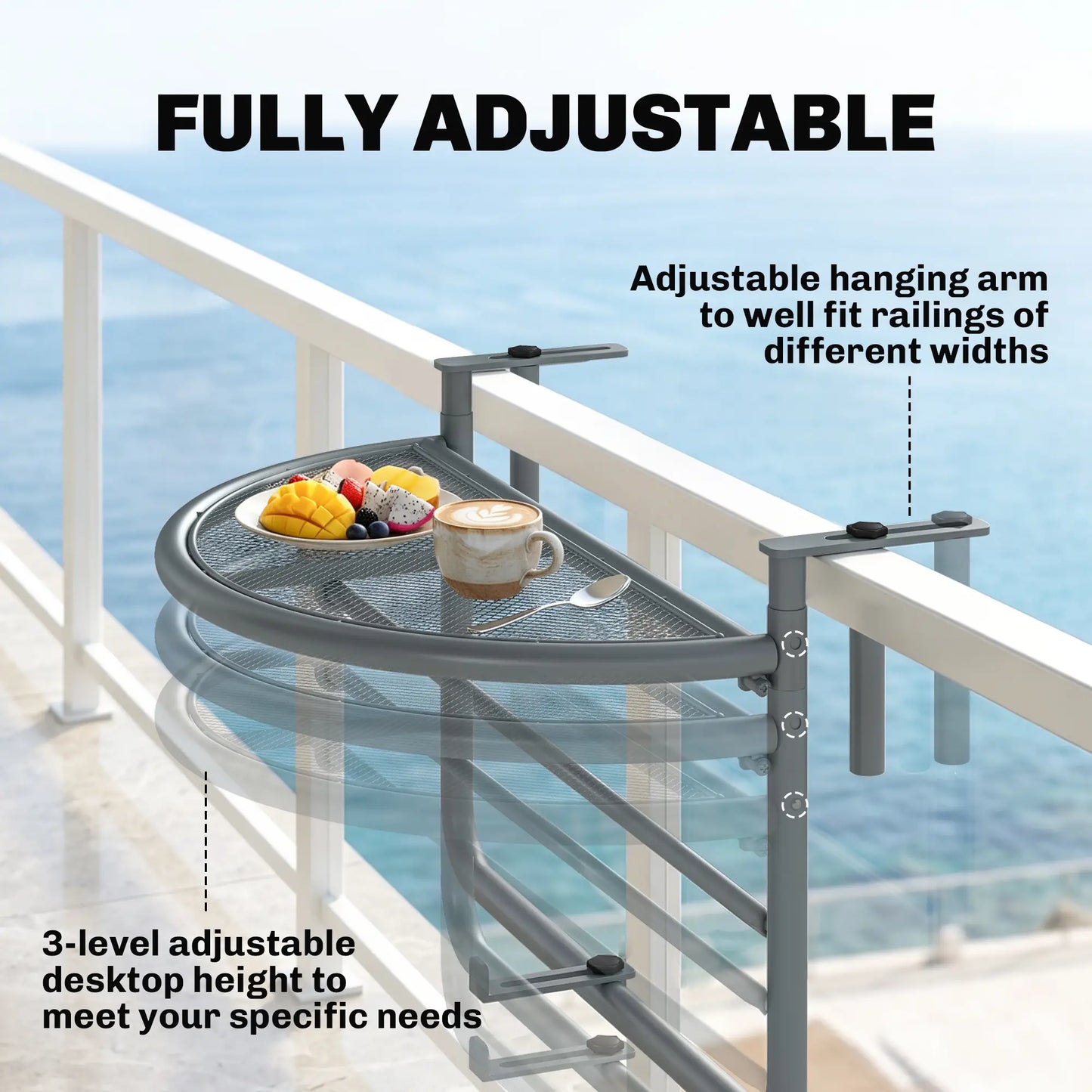 Adjustable Balcony Hanging Table, Metal Wall Desk, Outdoor Flower Stand, Half Round, Grey Balcony Table Hanging at Gallery Canada