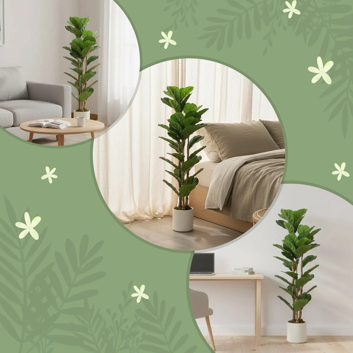 4FT Artificial Fiddle Leaf Fig Tree Set Of 2, Fake Potted Tree With Solid Wood Trunks, Green Artificial Trees at Gallery Canada