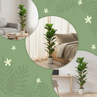 4FT Artificial Fiddle Leaf Fig Tree Set Of 2, Fake Potted Tree With Solid Wood Trunks, Green Artificial Trees at Gallery Canada