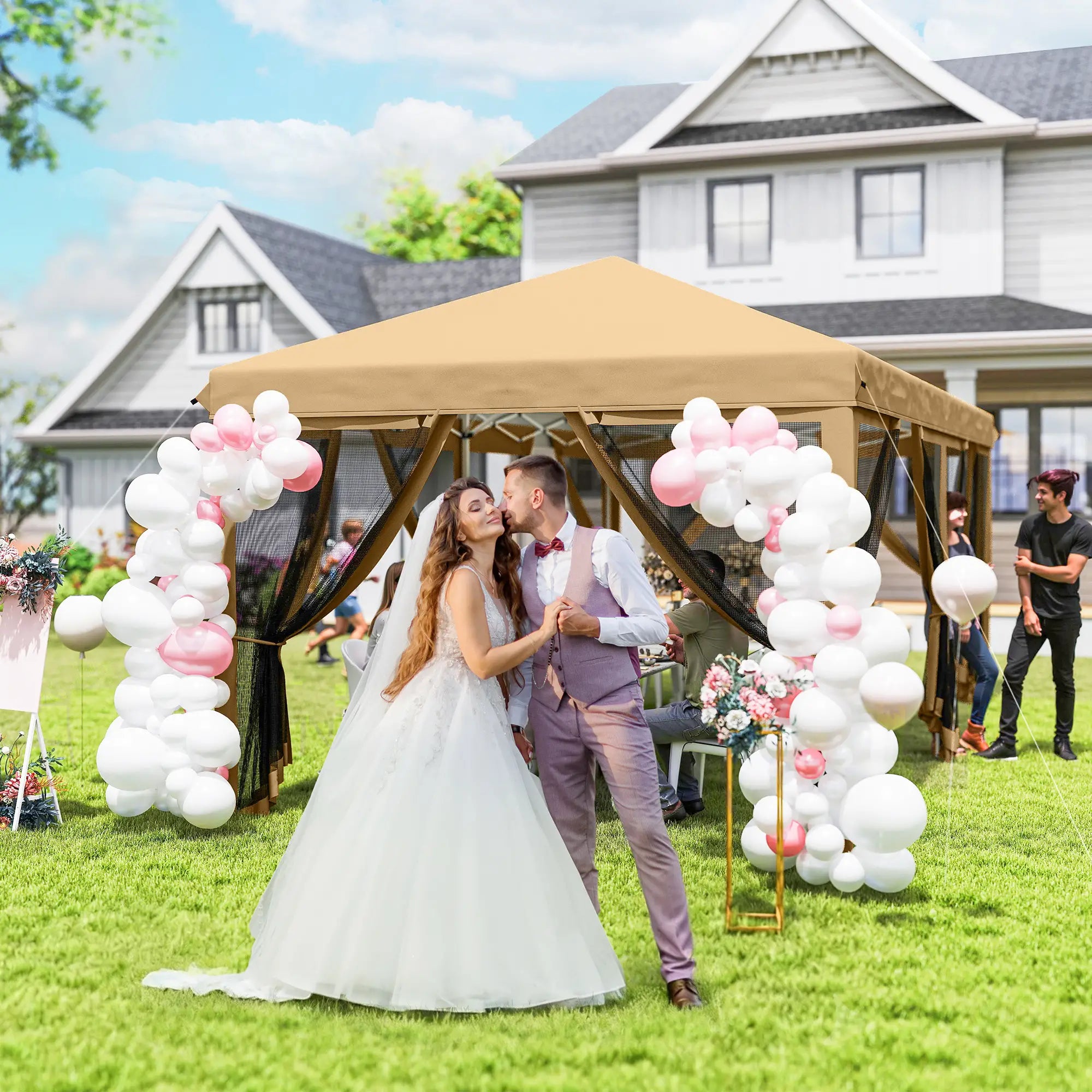 10' x 20' Pop Up Canopy Tent Gazebo, Removable Mesh Sidewalls, Carry Bag, Beige Pop Up Canopies at Gallery Canada