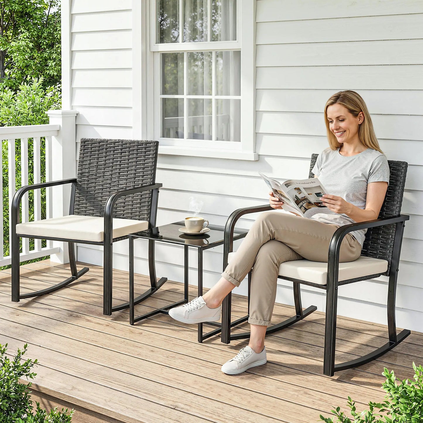 3 Piece Rocking Bistro Set, Glass Coffee Table, Cream White Bistro Sets at Gallery Canada