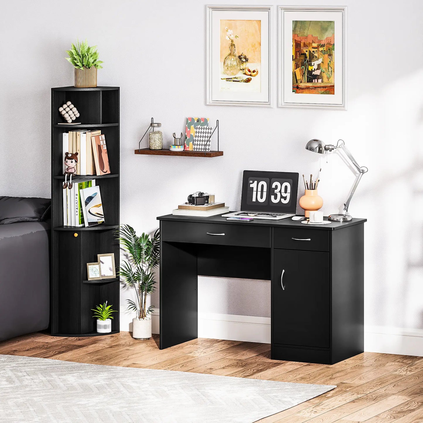 Computer Desk With Bookcase, Adjustable Shelf, Black