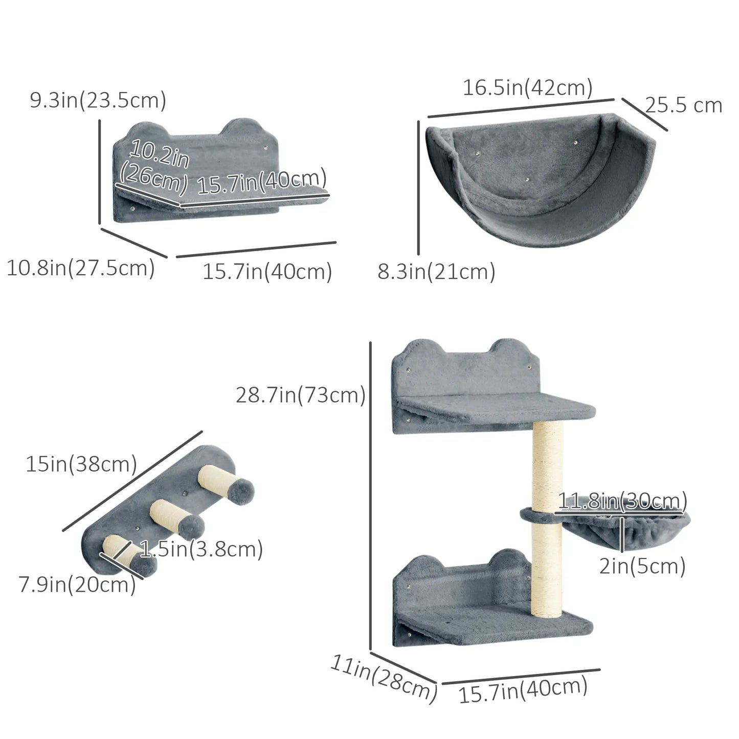 Cat Wall Shelves, 3PCs with Hammock, Scratching Post, Grey Cat Climbing Wall at Gallery Canada