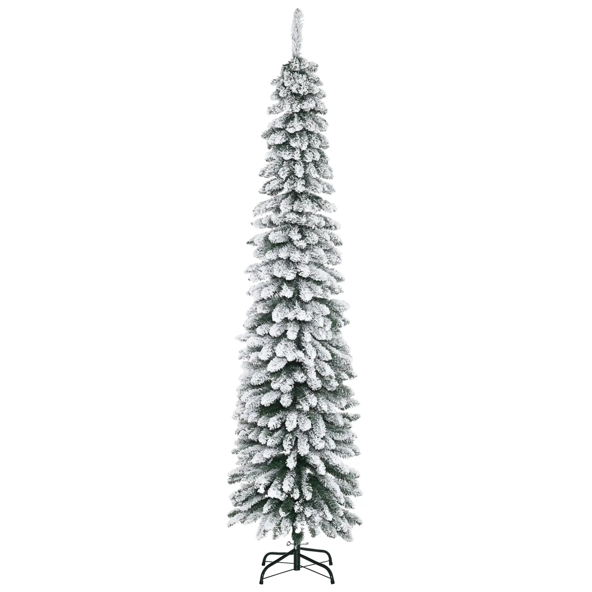 7ft Snow-Flocked Artificial Christmas Tree, Slim Pencil, 490 Branches, Metal Base, Green Pencil Christmas Trees Green at Gallery Canada