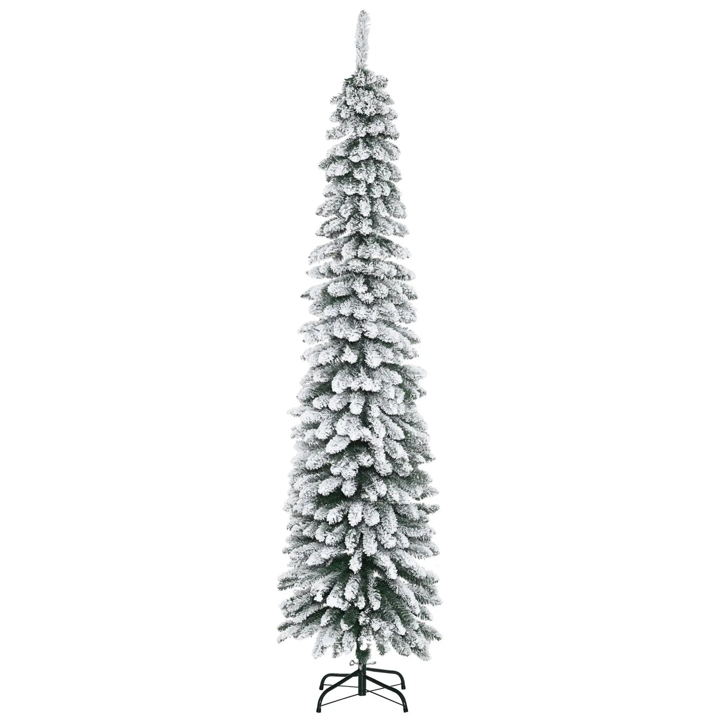 7ft Snow-Flocked Artificial Christmas Tree, Slim Pencil, 490 Branches, Metal Base, Green Pencil Christmas Trees Green at Gallery Canada
