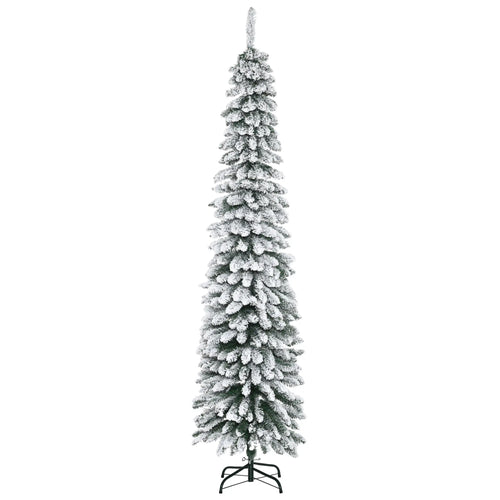 7ft Snow-Flocked Artificial Christmas Tree, Slim Pencil, 490 Branches, Metal Base, Green