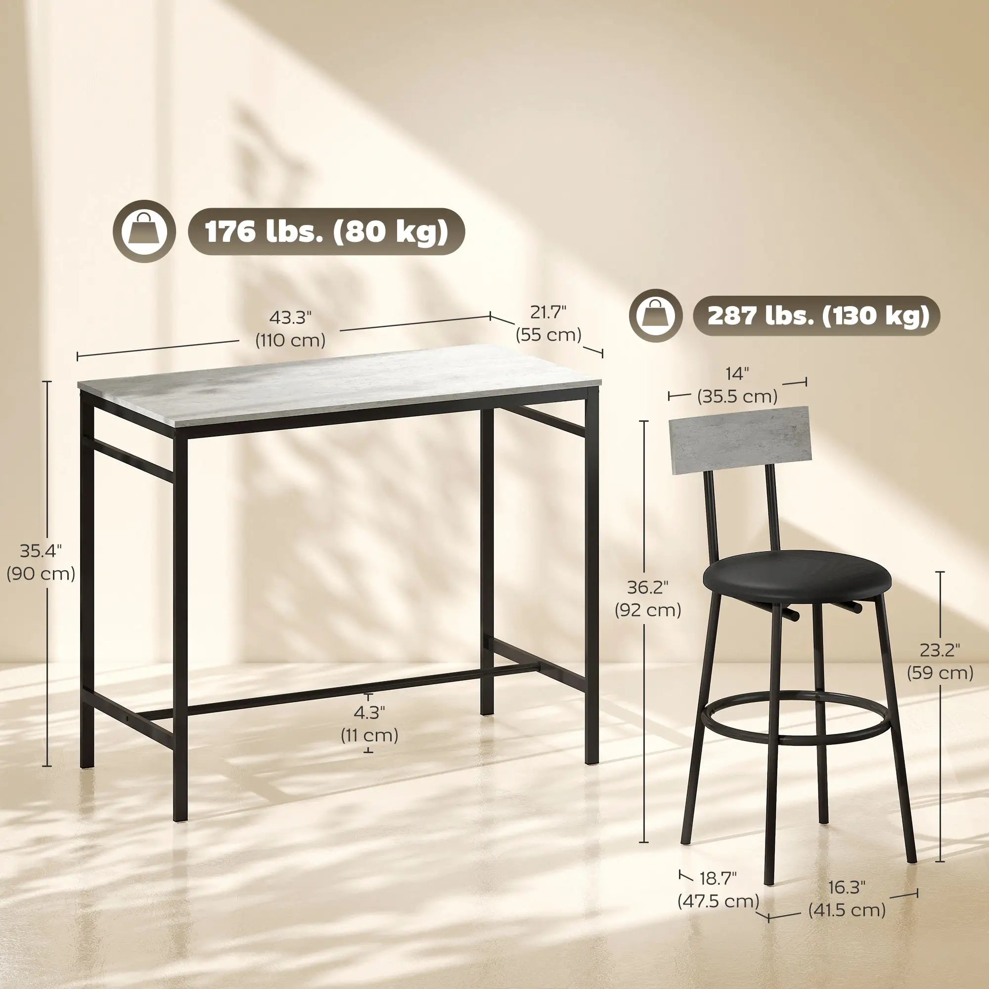 5-Piece Industrial Bar Table Set, 4 Stools with Footrest, Cement Grey Bar Sets at Gallery Canada