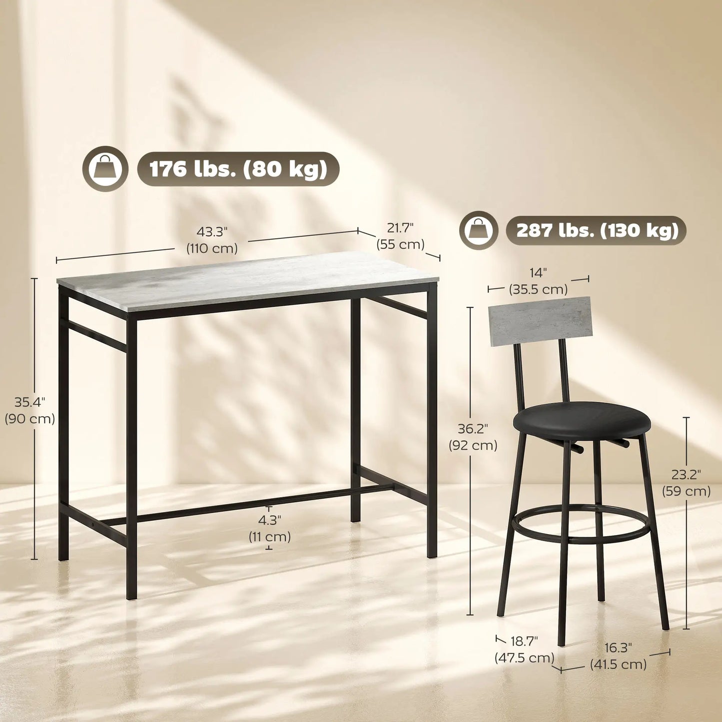5-Piece Industrial Bar Table Set, 4 Stools with Footrest, Cement Grey Bar Sets at Gallery Canada